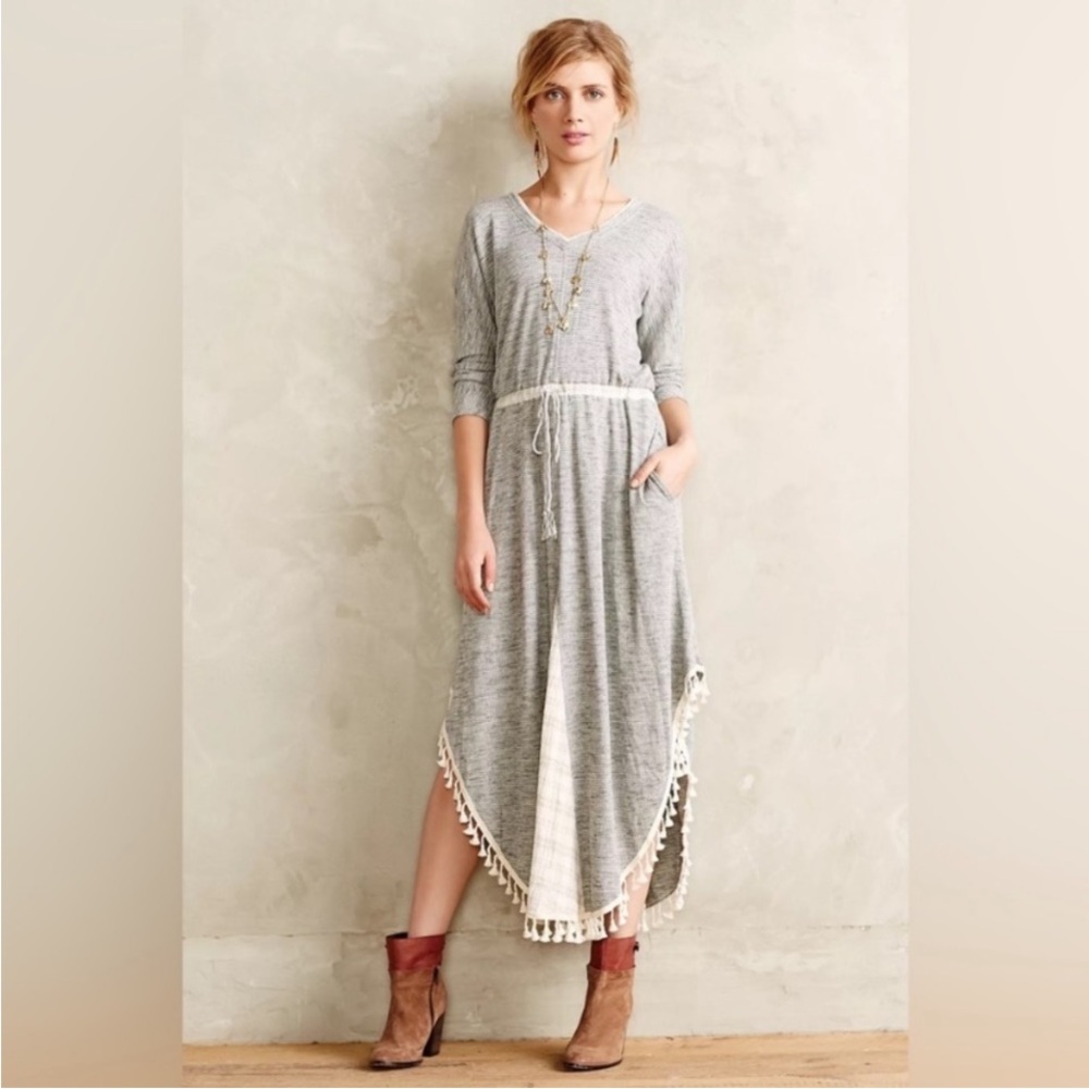 Anthropologie gray v neck dress Drawstring waist, curved tassel hem. Like new!